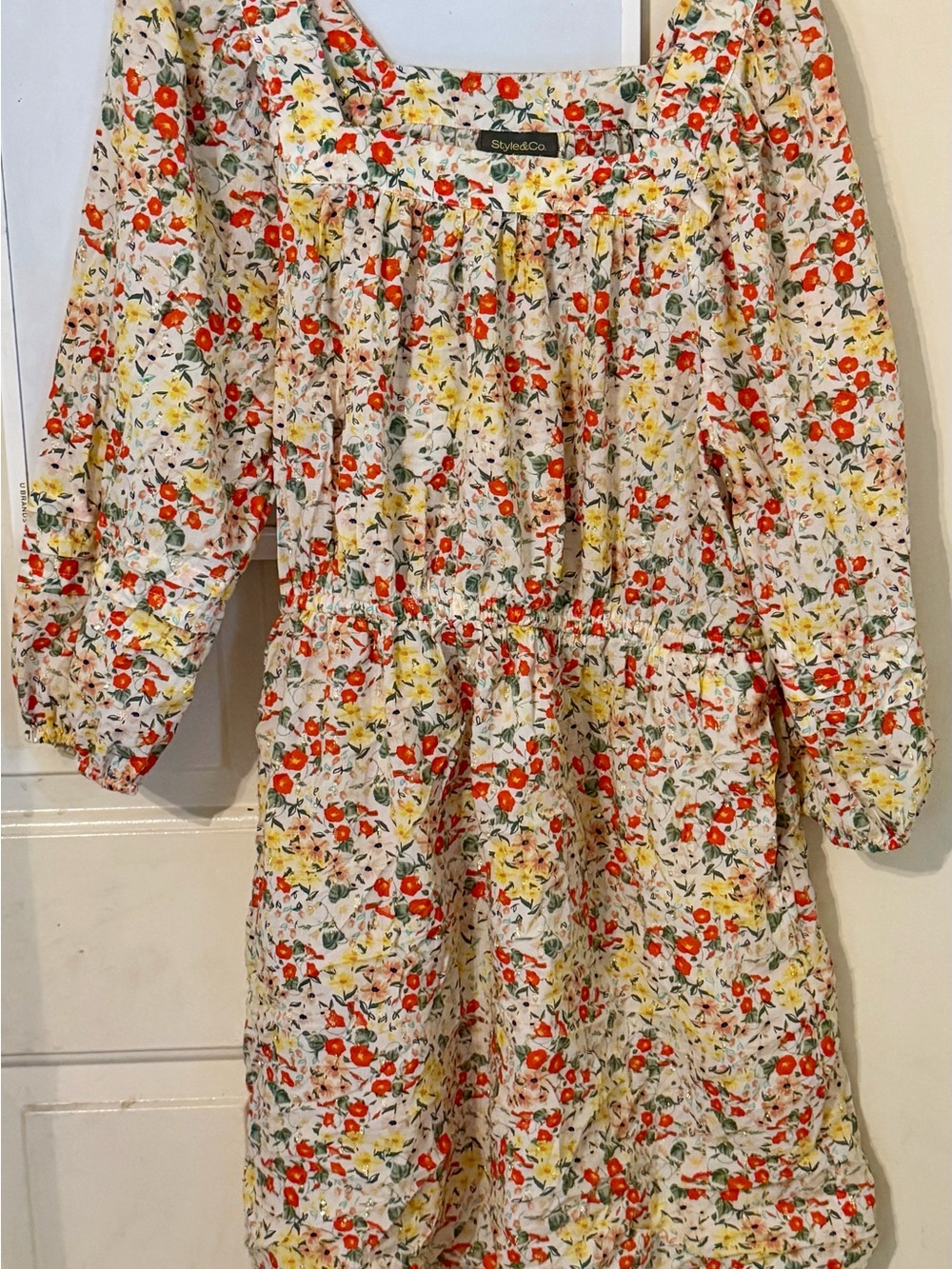 Style & Co. Cream Floral Smocked Dress with Yellow & Red Flowers